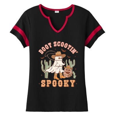 Retro Western Halloween Cowboy Ghost Boot Scootin Spooky Ladies Halftime Notch Neck Tee