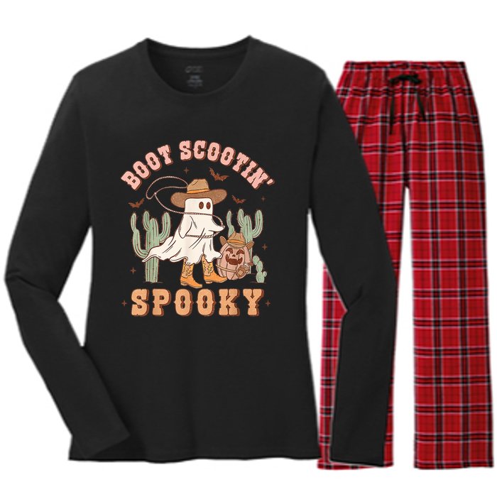 Retro Western Halloween Cowboy Ghost Boot Scootin Spooky Women's Long Sleeve Flannel Pajama Set 