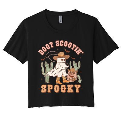 Retro Western Halloween Cowboy Ghost Boot Scootin Spooky Women's Crop Top Tee