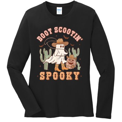 Retro Western Halloween Cowboy Ghost Boot Scootin Spooky Ladies Long Sleeve Shirt