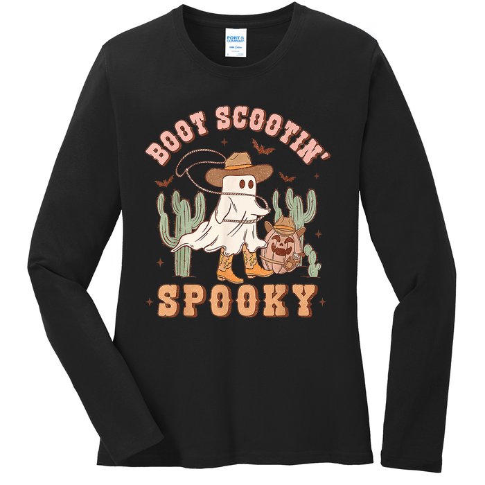 Retro Western Halloween Cowboy Ghost Boot Scootin Spooky Ladies Long Sleeve Shirt