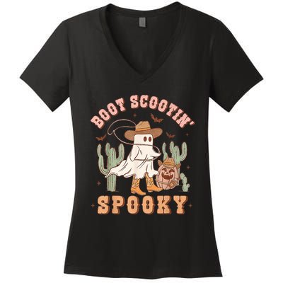 Retro Western Halloween Cowboy Ghost Boot Scootin Spooky Women's V-Neck T-Shirt