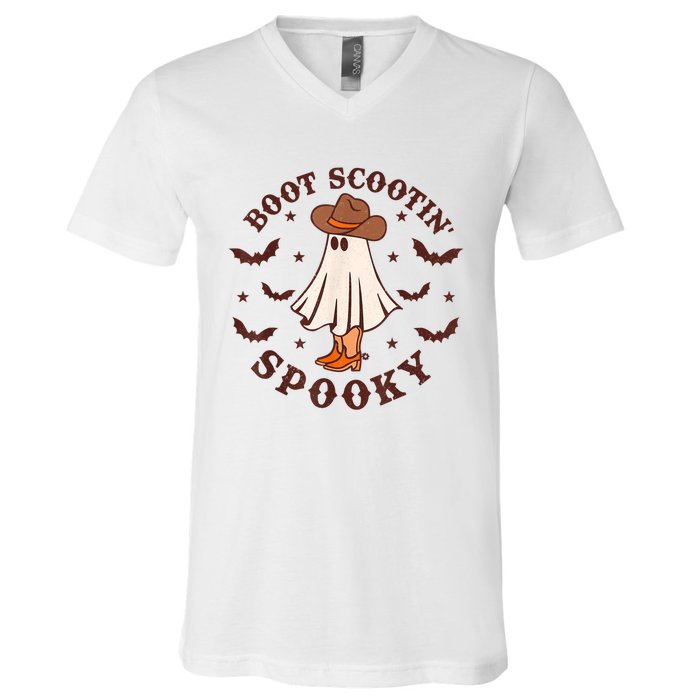 Retro Western Halloween Cute Ghost Funny Boot Scootin Spooky V-Neck T-Shirt