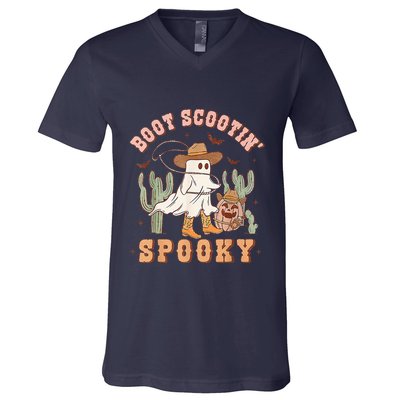 Retro Western Halloween Cow Ghost Boot Scootin Spooky V-Neck T-Shirt