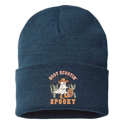 Retro Western Halloween Cow Ghost Boot Scootin Spooky Sustainable Knit Beanie