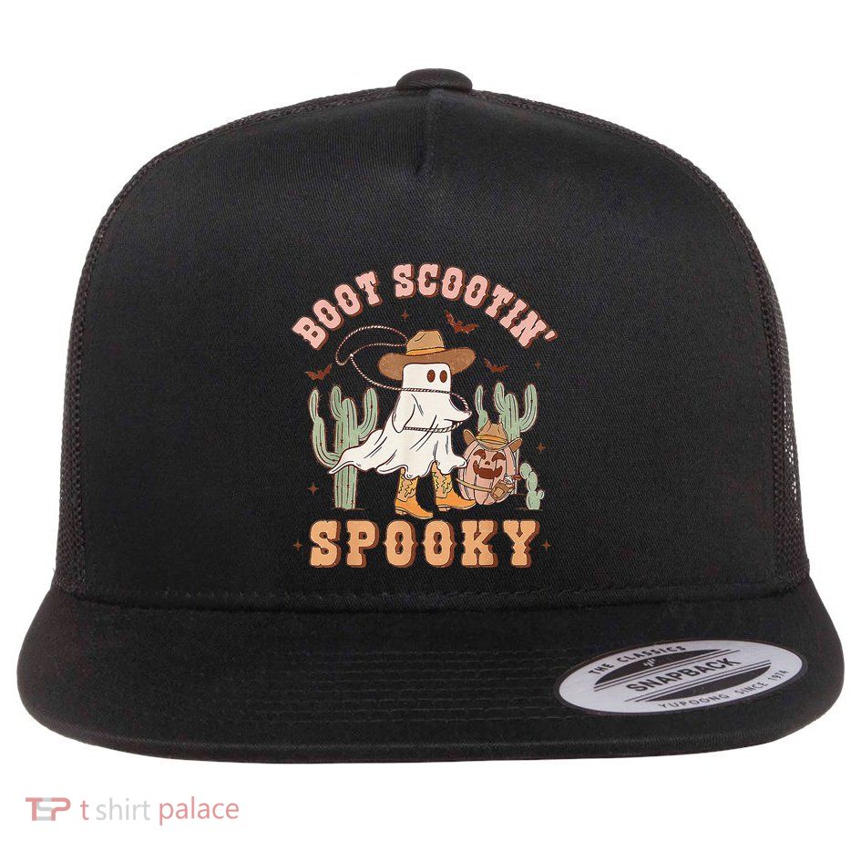 Retro Western Halloween Cowboy Ghost Boot Scootin Spooky Gift Flat Bill Trucker Hat