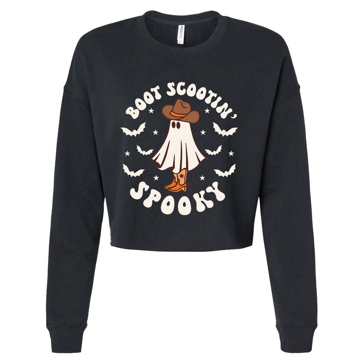 Retro Western Halloween Cute Ghost Funny Boot Scootin Spooky Cropped Pullover Crew