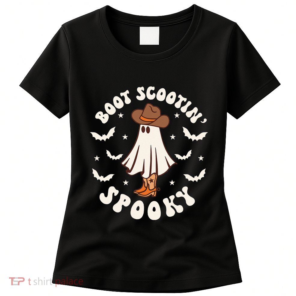 Retro Western Halloween Cute Ghost Funny Boot Scootin Spooky Womens T-Shirt