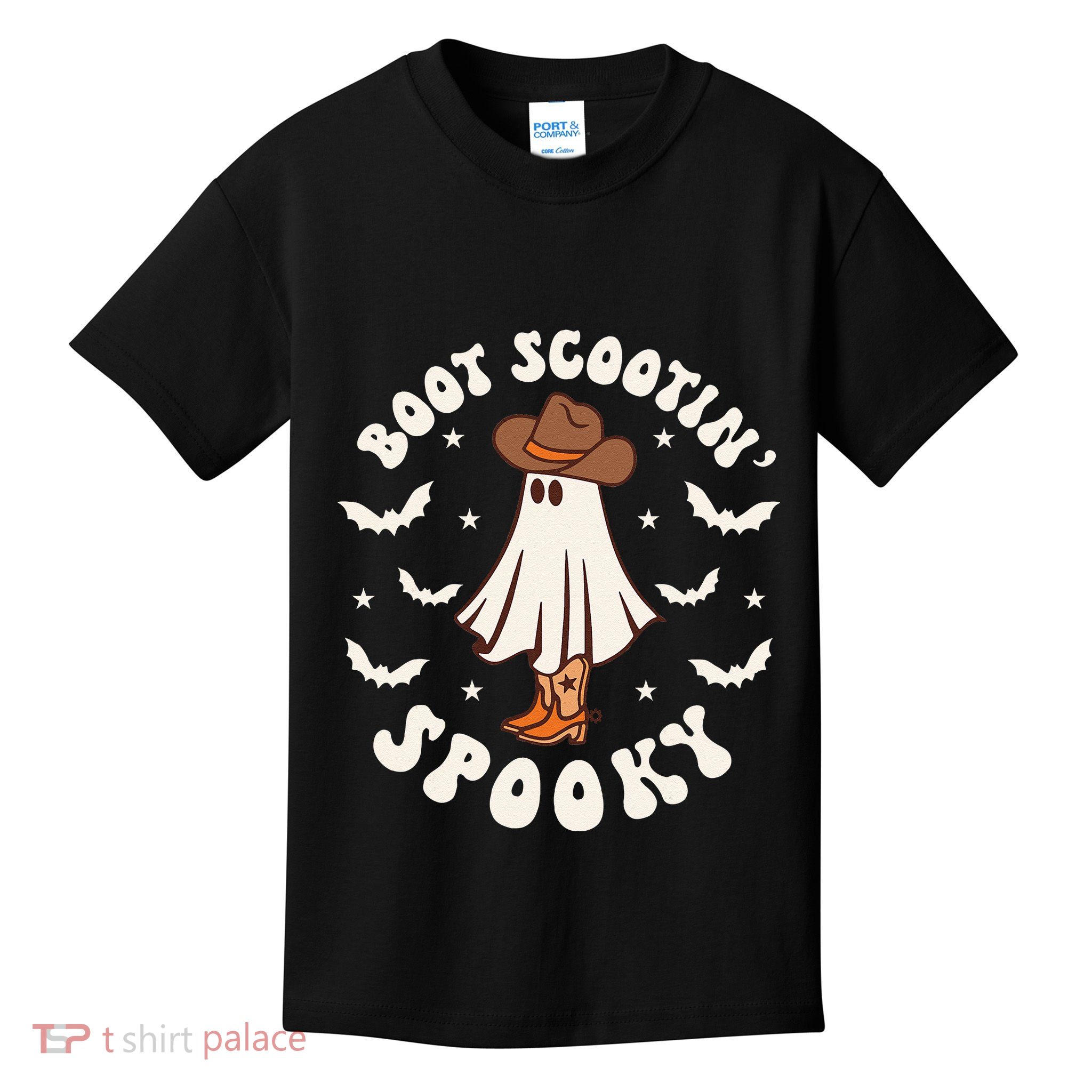 Retro Western Halloween Cute Ghost Funny Boot Scootin Spooky Kids T-Shirt