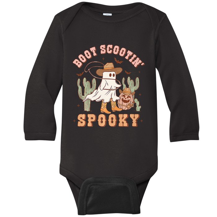 Retro Western Halloween Cowboy Ghost Boot Scootin Spooky Baby Long Sleeve Bodysuit