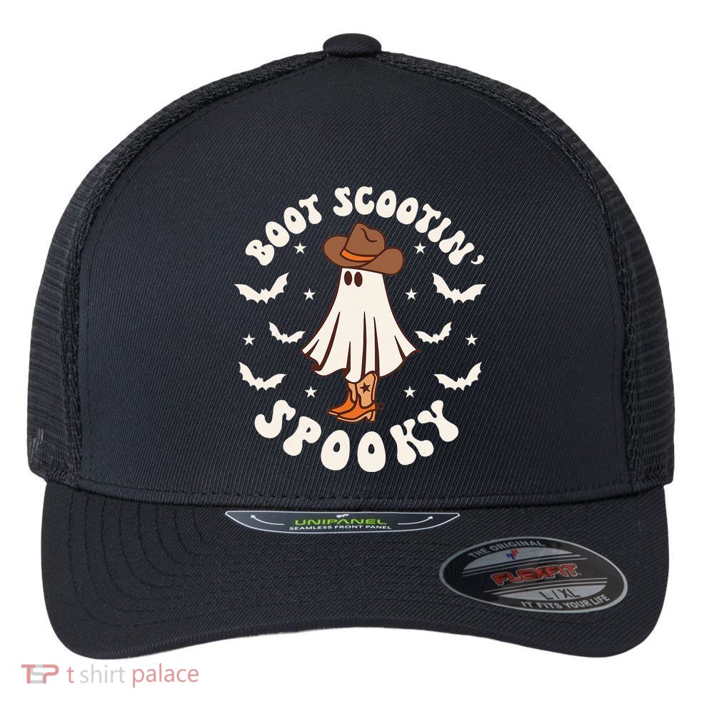 Retro Western Halloween Cute Ghost Funny Boot Scootin Spooky Flexfit Unipanel Trucker Cap