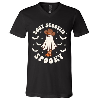 Retro Western Halloween Cute Ghost Funny Boot Scootin Spooky V-Neck T-Shirt