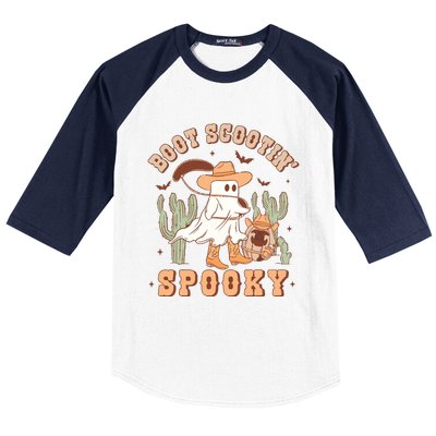 Retro Western Halloween Cowboy Ghost Boot Scootin Spooky Baseball Sleeve Shirt