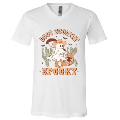 Retro Western Halloween Cowboy Ghost Boot Scootin Spooky V-Neck T-Shirt