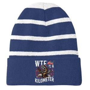 Retro Wtf Is A Kilometer Raccoon Eagle Striped Beanie with Solid Band