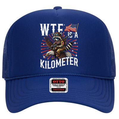 Retro Wtf Is A Kilometer Raccoon Eagle High Crown Mesh Back Trucker Hat