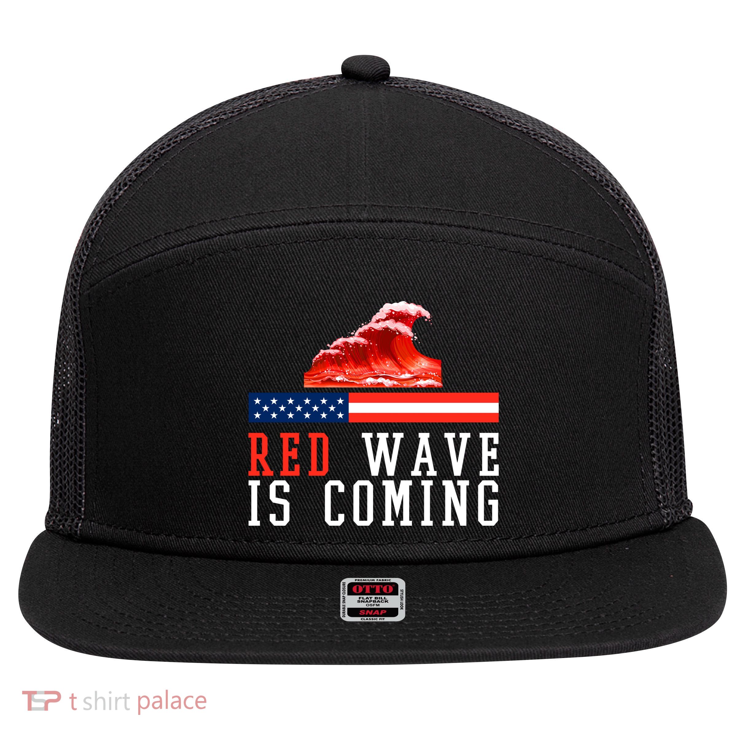 Red Wave Is Coming American Flag Conservative 7 Panel Mesh Trucker Snapback Hat