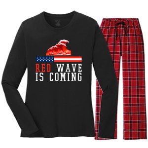 Red Wave Is Coming American Flag Conservative Women's Long Sleeve Flannel Pajama Set 