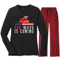 Red Wave Is Coming American Flag Conservative Women's Long Sleeve Flannel Pajama Set 