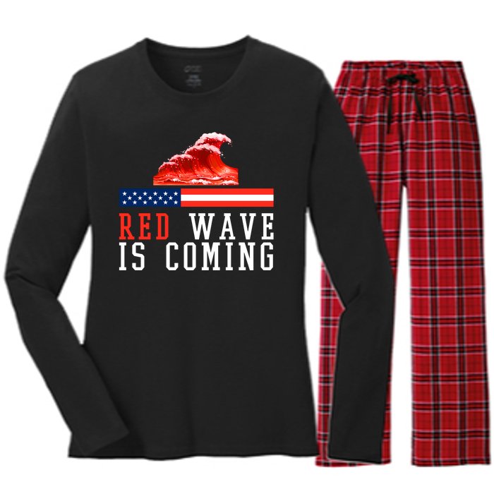 Red Wave Is Coming American Flag Conservative Women's Long Sleeve Flannel Pajama Set 