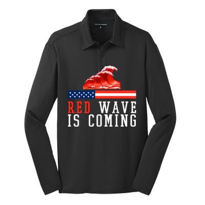 Red Wave Is Coming American Flag Conservative Silk Touch Performance Long Sleeve Polo