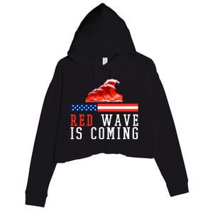 Red Wave Is Coming American Flag Conservative Crop Fleece Hoodie