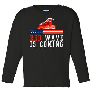 Red Wave Is Coming American Flag Conservative Toddler Long Sleeve Shirt