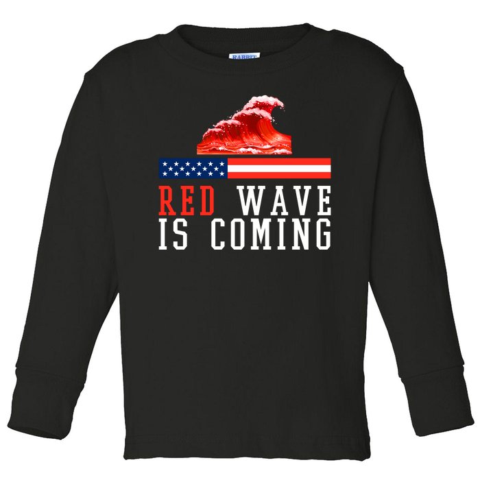 Red Wave Is Coming American Flag Conservative Toddler Long Sleeve Shirt