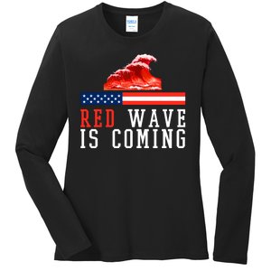 Red Wave Is Coming American Flag Conservative Ladies Long Sleeve Shirt