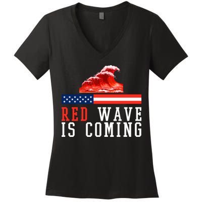 Red Wave Is Coming American Flag Conservative Women's V-Neck T-Shirt