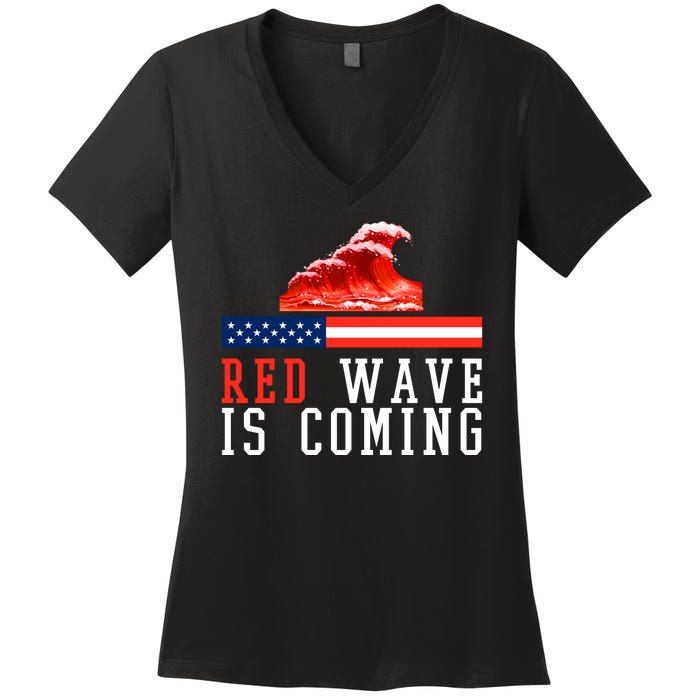 Red Wave Is Coming American Flag Conservative Women's V-Neck T-Shirt