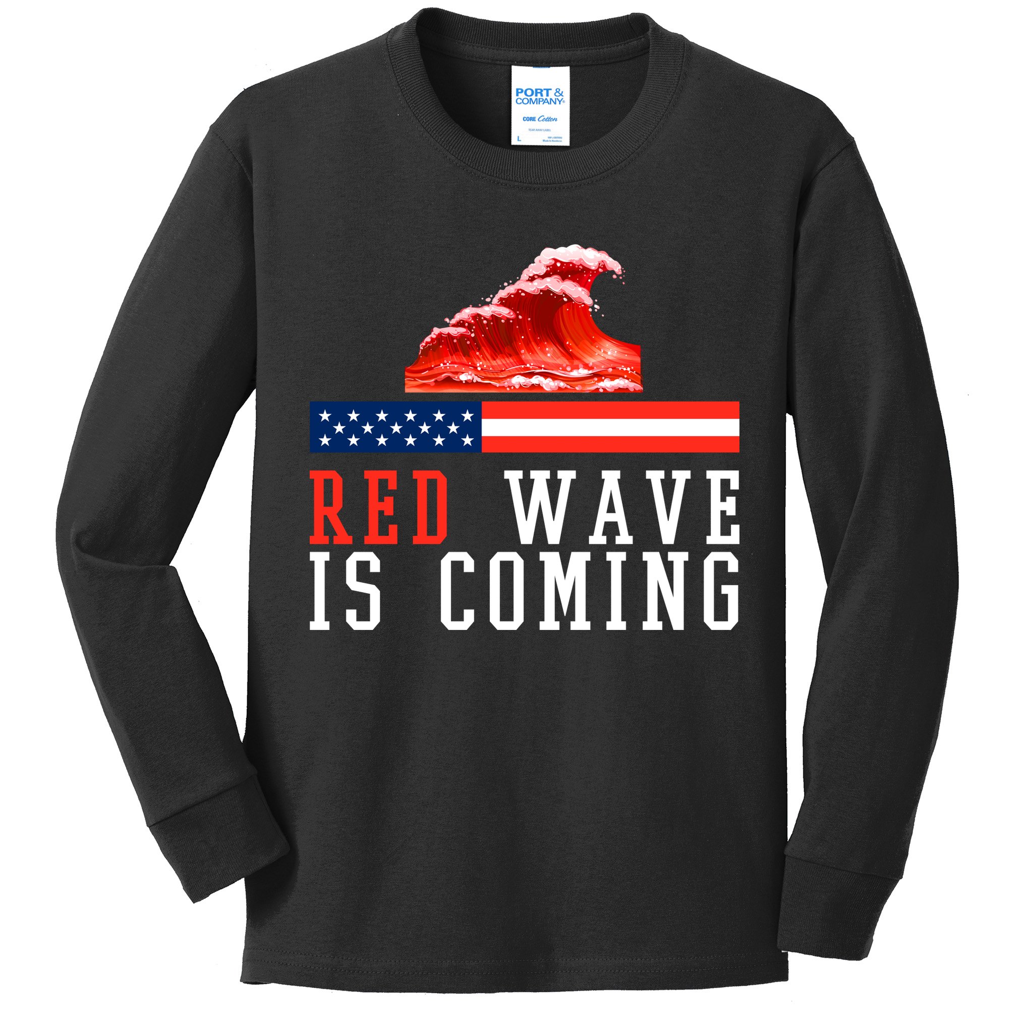 Red Wave Is Coming American Flag Conservative Kids Long Sleeve Shirt