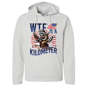 Retro Wtf Is A Kilometer Raccoon Eagle American 4th Of July Performance Fleece Hoodie