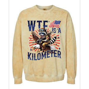 Retro Wtf Is A Kilometer Raccoon Eagle American 4th Of July Colorblast Crewneck Sweatshirt