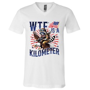 Retro Wtf Is A Kilometer Raccoon Eagle American 4th Of July V-Neck T-Shirt