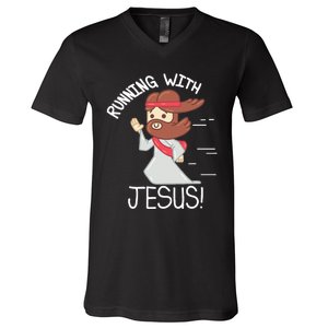 Running With Jesus Christian Faith Runner And Jogging V-Neck T-Shirt