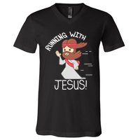 Running With Jesus Christian Faith Runner And Jogging V-Neck T-Shirt