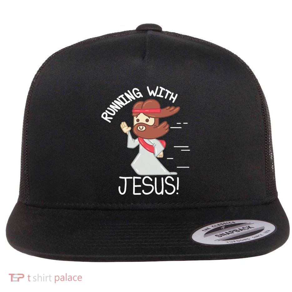 Running With Jesus Christian Faith Runner And Jogging Flat Bill Trucker Hat