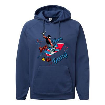 Retro Western Just Here To Bang 4th Of July Gift Performance Fleece Hoodie