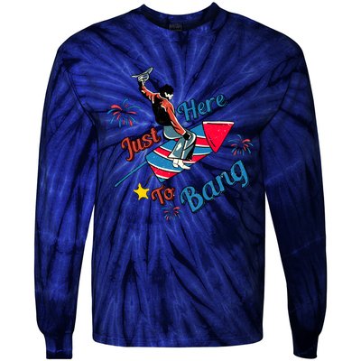 Retro Western Just Here To Bang 4th Of July Gift Tie-Dye Long Sleeve Shirt