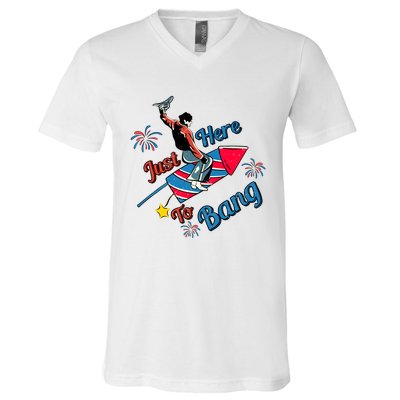 Retro Western Just Here To Bang 4th Of July Gift V-Neck T-Shirt