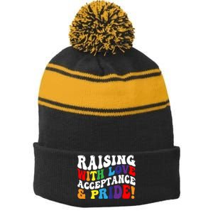 Raising With Love Acceptance And Pride Groovy Lgbtq Stripe Pom Pom Beanie