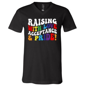 Raising With Love Acceptance And Pride Groovy Lgbtq V-Neck T-Shirt