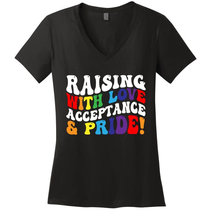 Raising With Love Acceptance And Pride Groovy Lgbtq Women's V-Neck T-Shirt