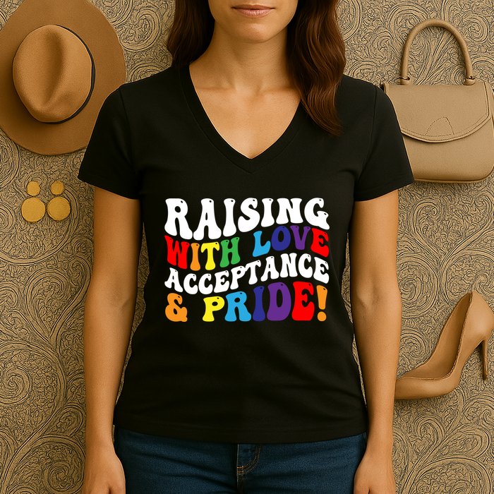 Raising With Love Acceptance And Pride Groovy Lgbtq Women's V-Neck T-Shirt