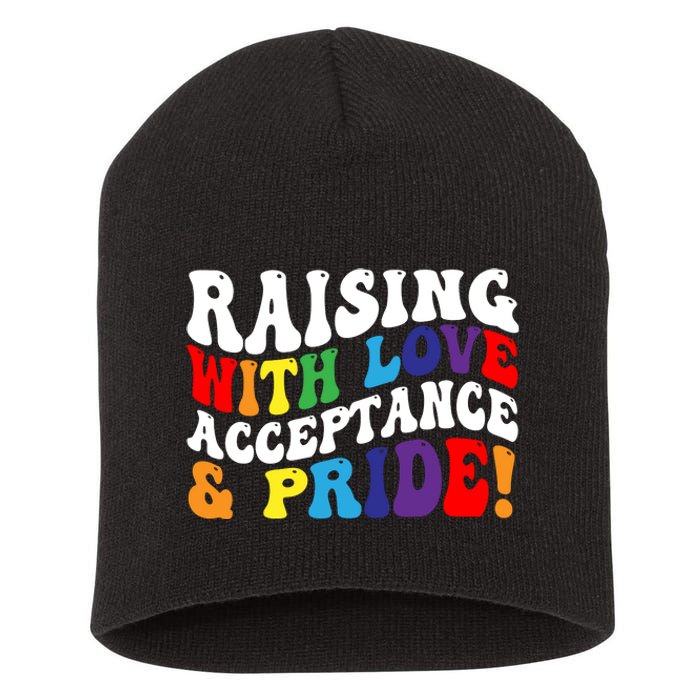 Raising With Love Acceptance And Pride Groovy Lgbtq Short Acrylic Beanie