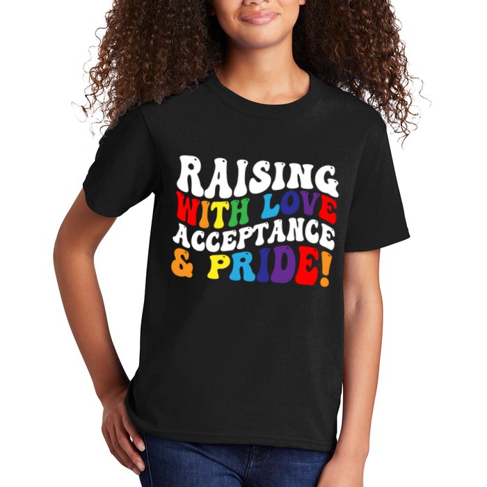 Raising With Love Acceptance And Pride Groovy Lgbtq Kids T-Shirt