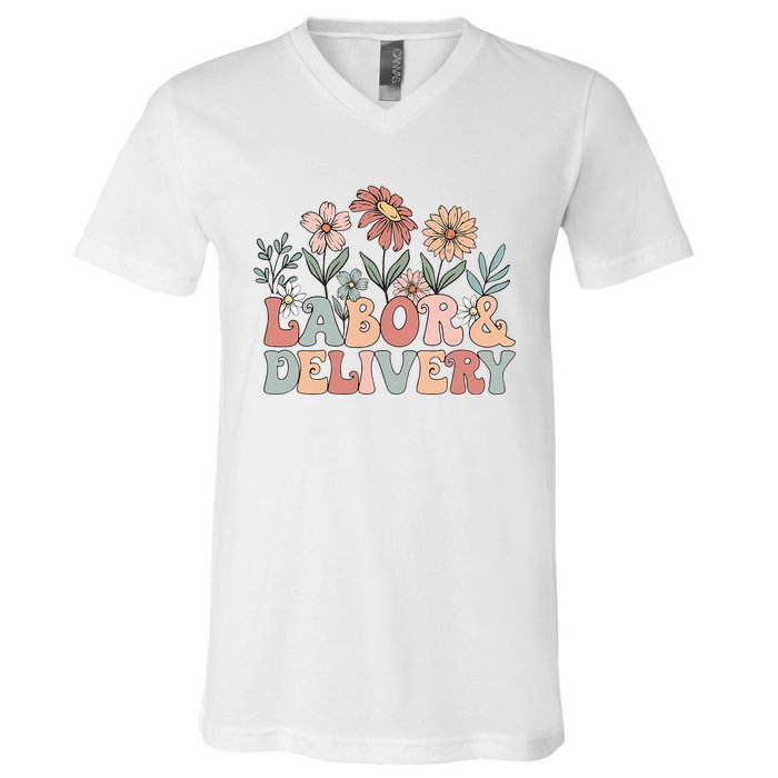 Retro Wildflowers Labor And Delivery Nurse Back To School V-Neck T-Shirt