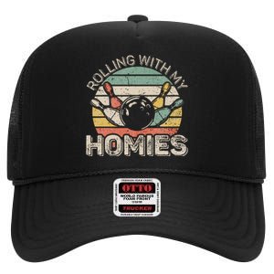 Rolling With My Homies Retro Bowling Bowler High Crown Mesh Back Trucker Hat