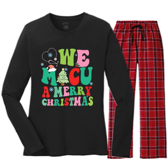 Retro We Micu A Merry Christmas Medical Icu Rn Aide Tech Women's Long Sleeve Flannel Pajama Set 